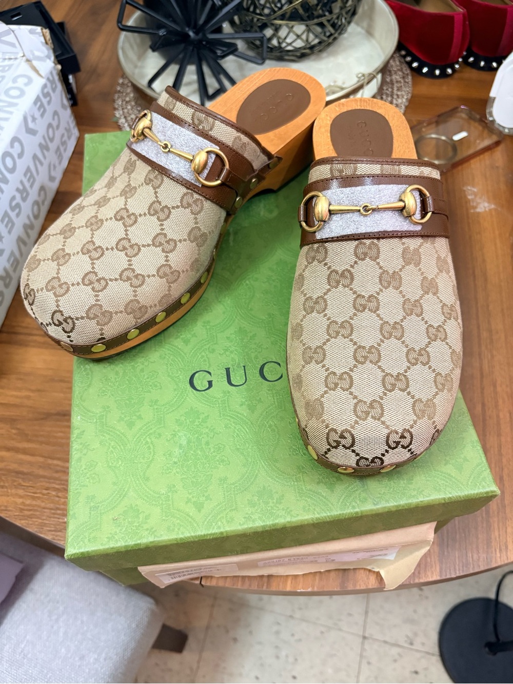 Gucci Beige GG Canvas Horsebit Clog Mule with Brown Trim
